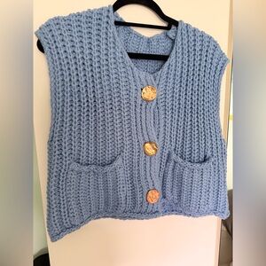 Chunky Knit Blue Button-Front Women's Sweater Vest-Semi-Cropped